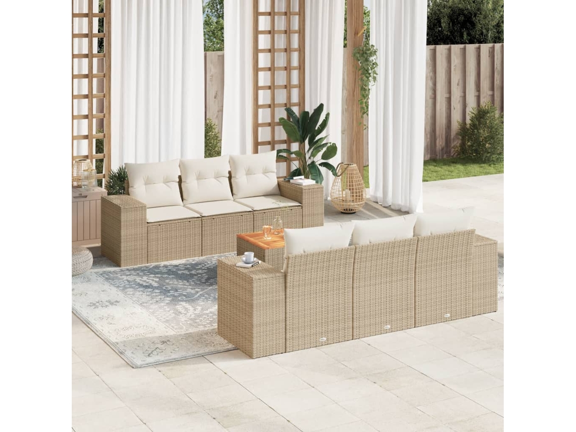 Vidaxl 7 Pcs Conjunto De Sofás P/ Jardim Com Almofadões Vime Pe Bege