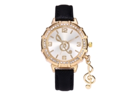 Relógio de Pulso Feminino com Strass e Pingente de Nota em Couro Pu Preto
