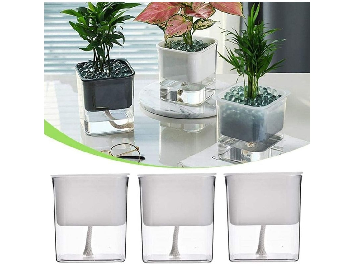 Conjunto de 3 vasos de plástico autoirrigáveis com fio de algodão absorvente para uso interno e externo (3 x brancos)
