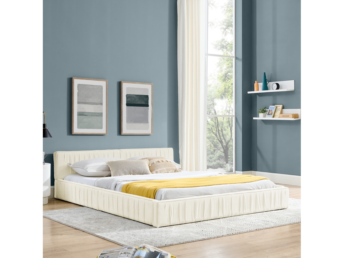 Cama Casal 160x200cm Tecido Chenille Veludo Estrutura Ferro Bege