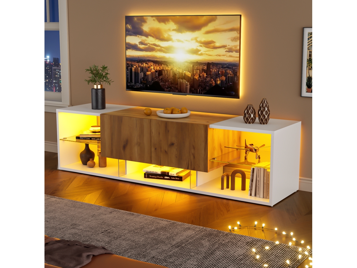 Móvel Para Tv Branco De 3 Níveis, 160 X 40 X 42 Cm, Prateleira De Vidro E 2 Gavetas, Para Tvs Até 70 Polegadas