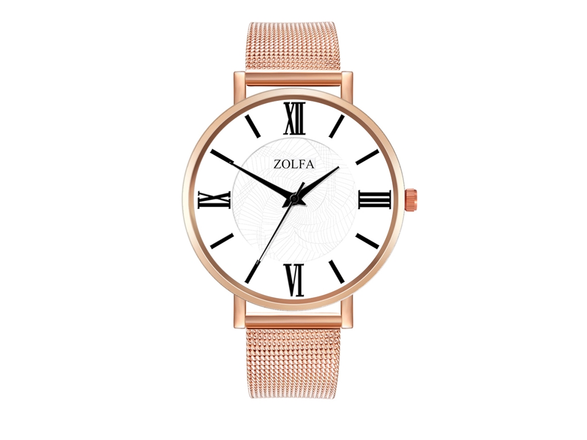 Relógio de Pulso Feminino de Quartzo com Pulseira de Malha Cor Rosa Ouro Estilo Casual