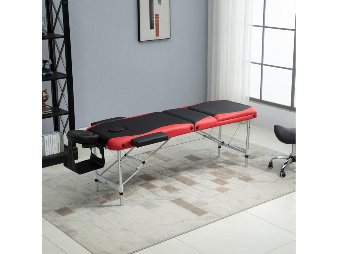 Mesa De Massagem Dobrável Portátil 210x81x62-85cm, Ajustável Em Altura, Na Cor Preta E Vermelha, Com Suporte Para Cabeça E Braços