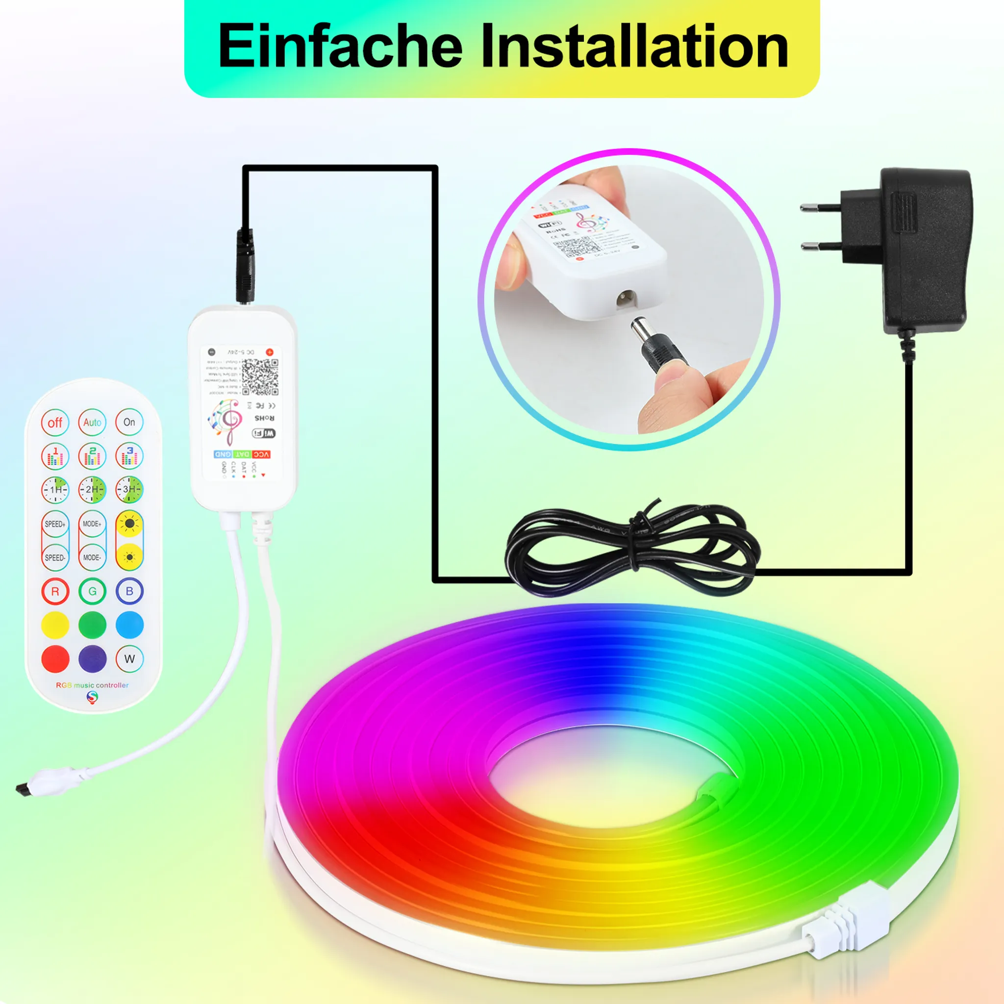 Luz de Néon Rgb de 5 V com Conector Usb Aplicativo Bluetooth + Controle Remoto Infravermelho de 24 Botões 10 M STELASPLEN (3535)