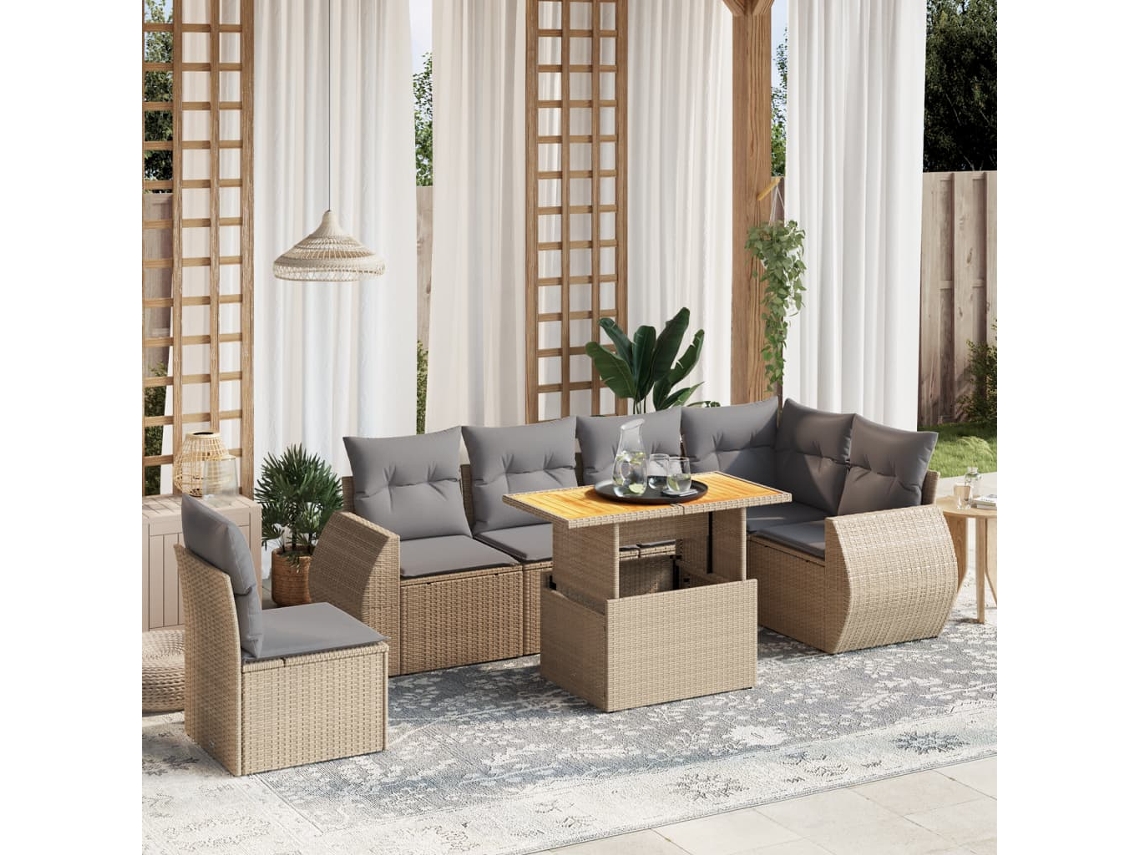 Conjunto de 7 Sofás para Jardim com Almofadas Vime Pe Bege Dkd Home Decor