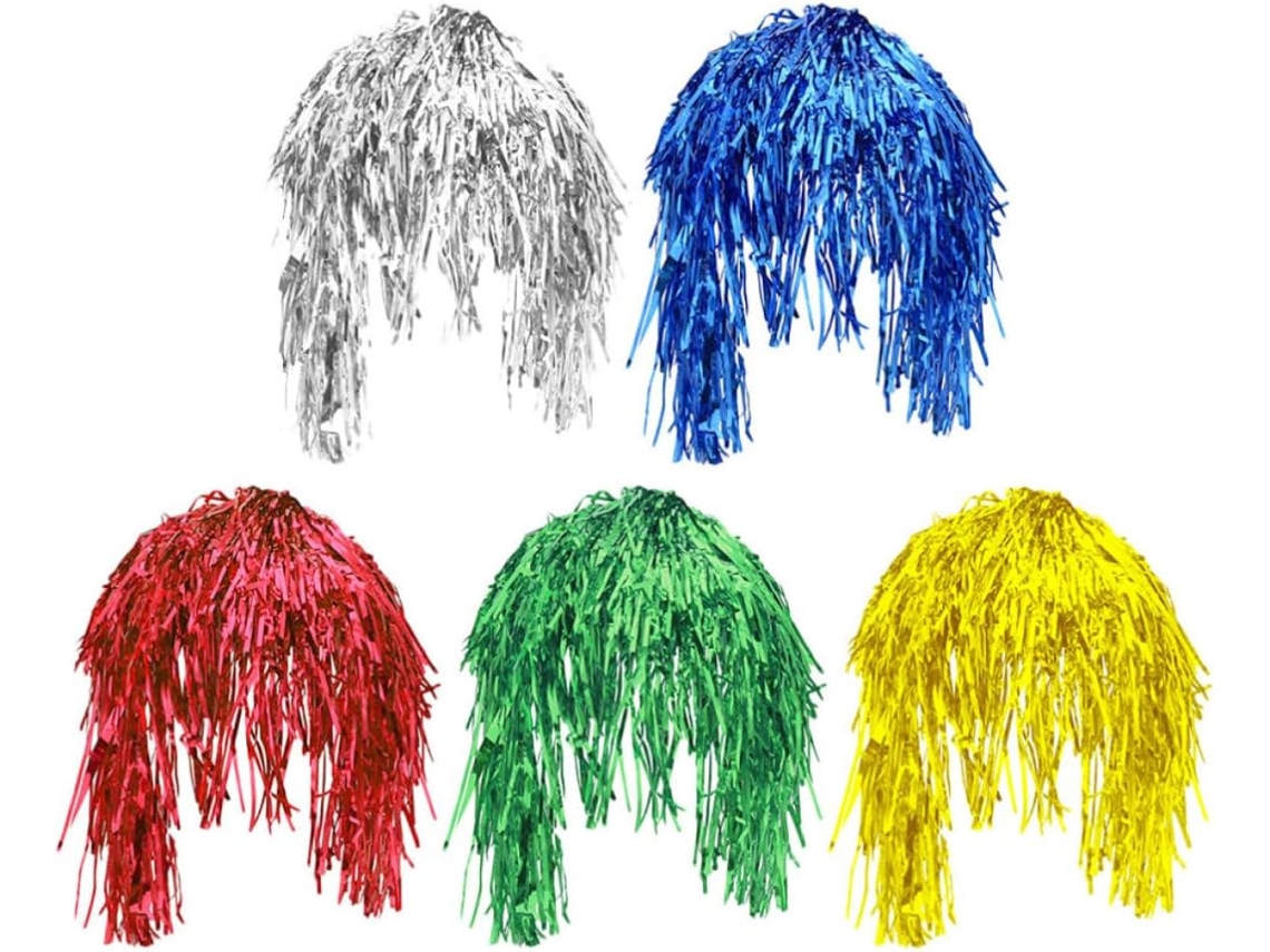 Conjunto de 5 perucas leves de PVC para cosplay com cabelo metálico brilhante.
