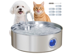 Fonte de água para gatos em aço inoxidável 7l silenciosa com sistema de filtros luz LED 30,5x31,2x19,3 prata