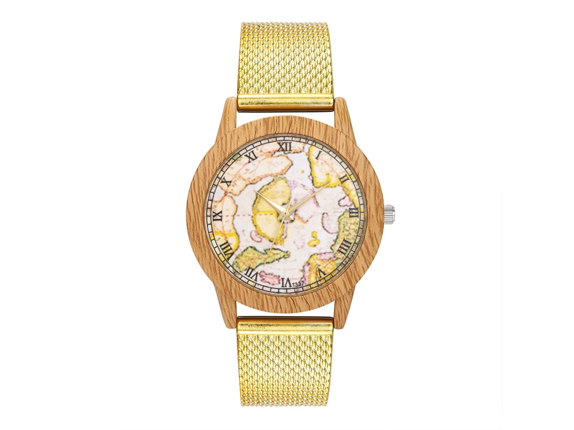 Reloj De Pulsera De Cuarzo Con Correa De Malla Para Mujer Y Hombre Dial Redondo Oro