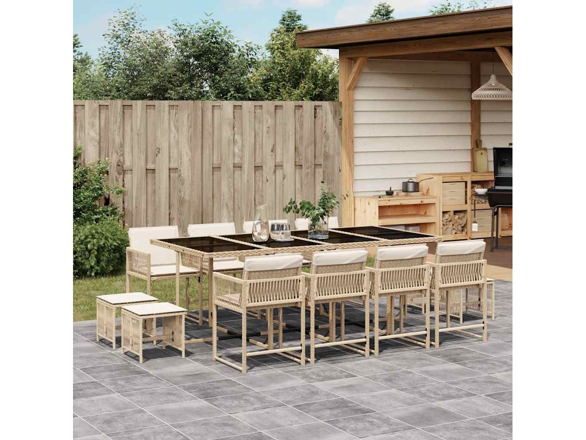 Vidaxl 13 Pcs Conjunto De Jantar P/ Jardim Com Almofadões Vime Pe Bege