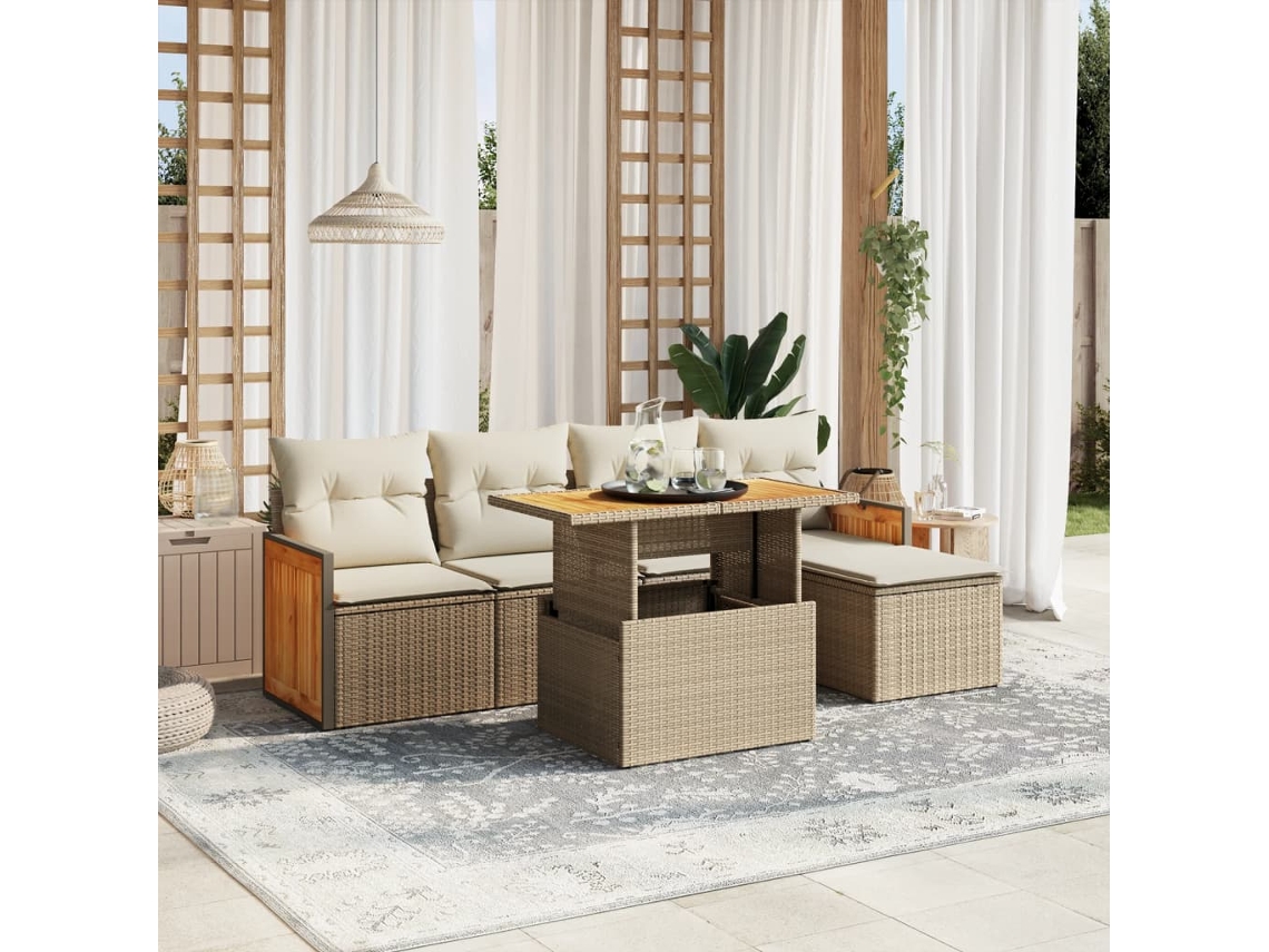Vidaxl 6 Pcs Conjunto De Sofás P/ Jardim Com Almofadões Vime Pe Bege