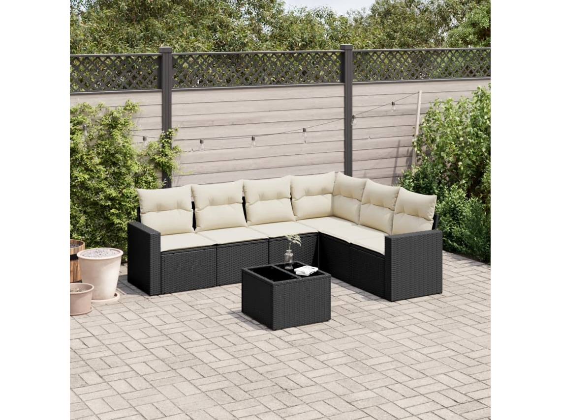 Vidaxl 7 Pcs Conjunto De Sofás P/ Jardim C/ Almofadões Vime Pe Preto