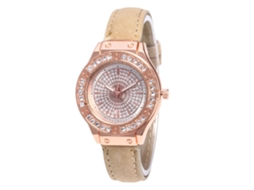 Relógio de Pulso Feminino de Quartzo com Pulseira de Couro Pu e Mostrador Strass Bege