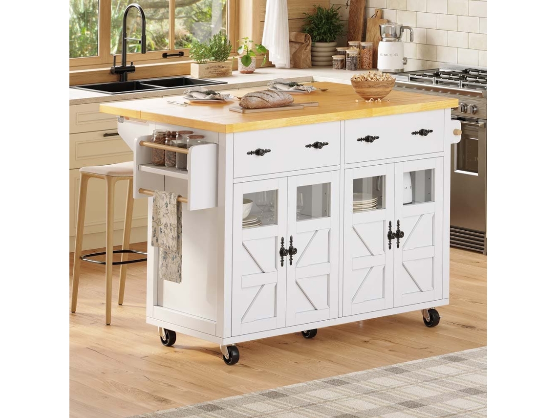 Ilha De Cozinha Móvel 140 X 73 Cm - Carrinho Multifuncional Com Grande Capacidade De Armazenamento - Branco