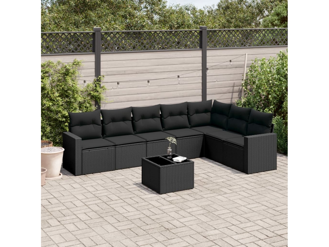 Vidaxl 8 Pcs Conjunto Sofás De Jardim Com Almofadões Vime Pe Preto