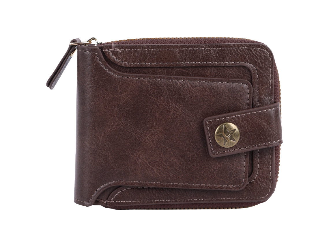 Carteira de couro PU retrô trifold com zíper e fivela para homem, grande capacidade, dark coffee | S/MARCA