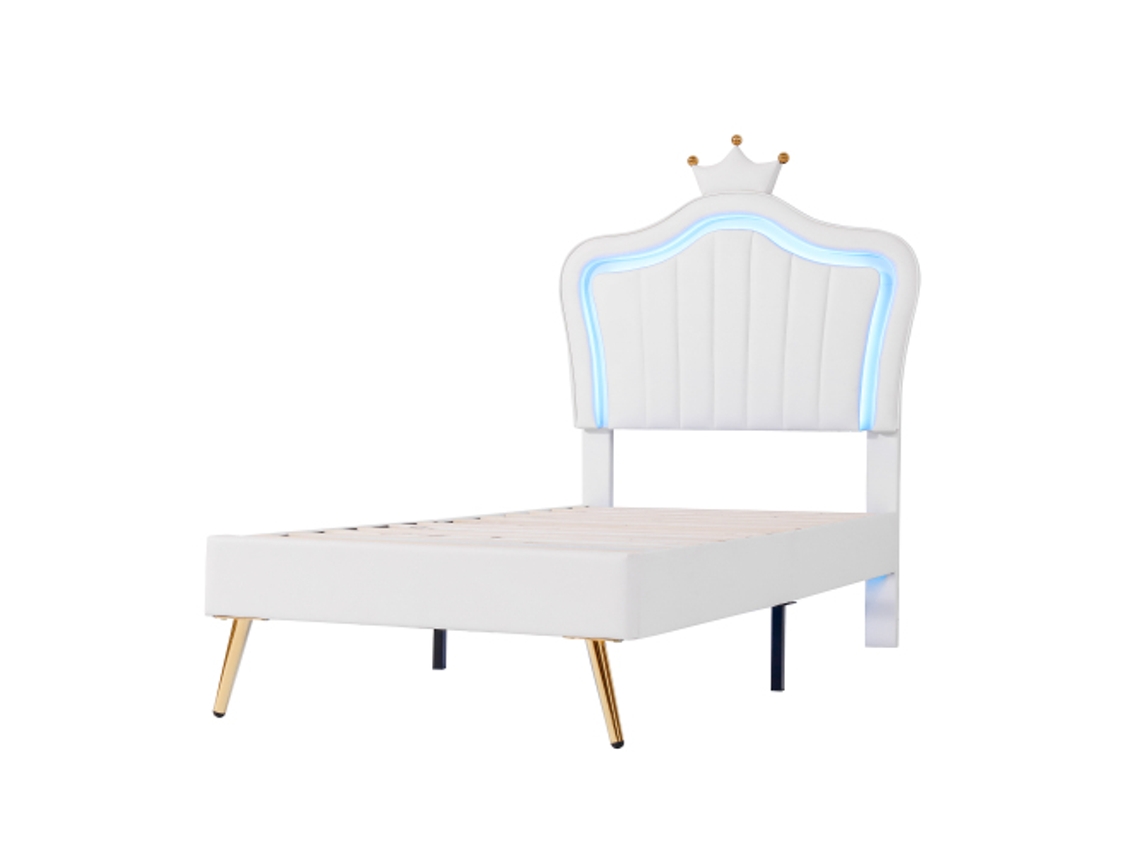 Cama Infantil Estofada 90x200 Branca Coroa Couro Ecológico Led Estrut. Lamelada Sem Colchão Ziwei Store