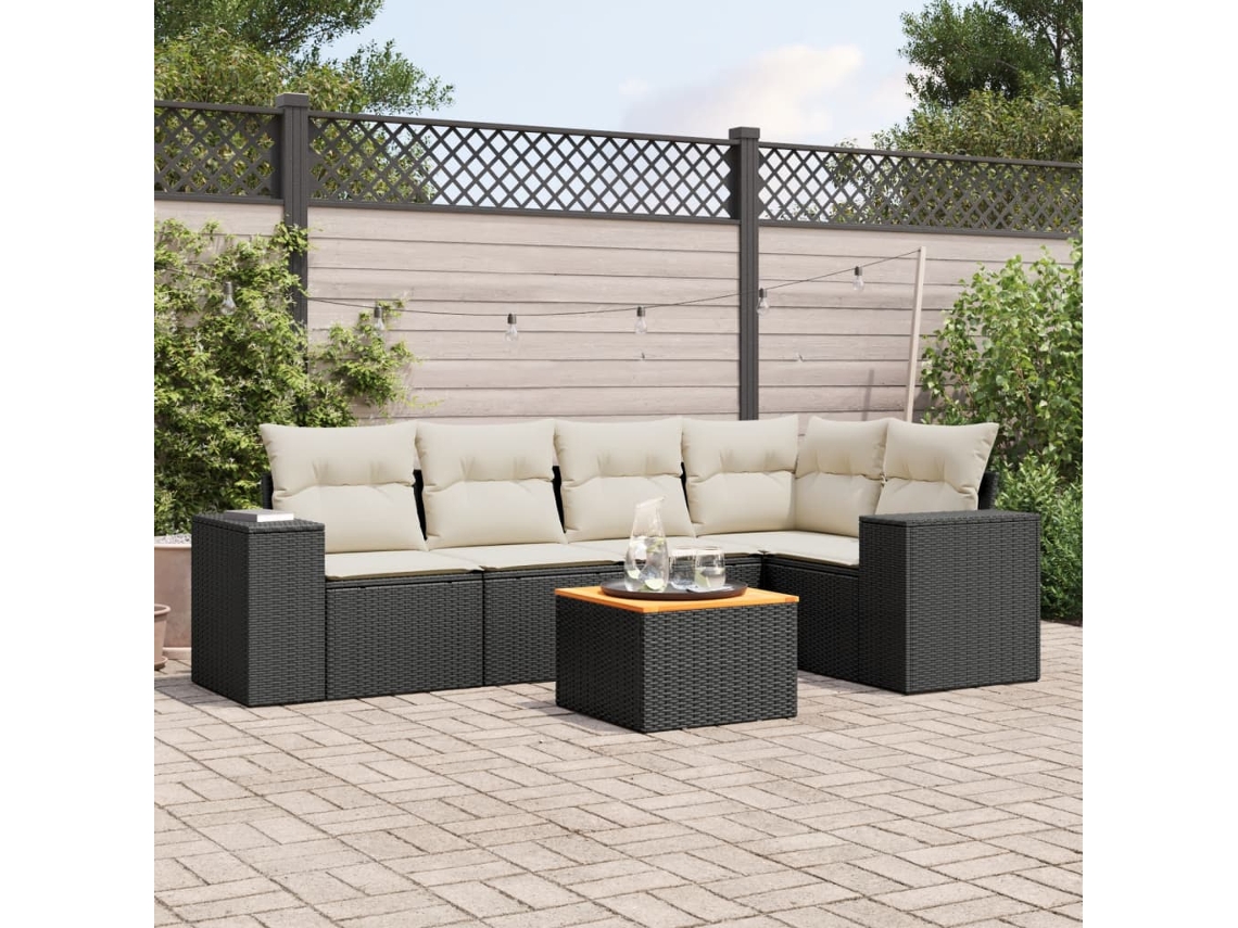 Vidaxl 6 Pcs Conjunto Sofás De Jardim C/ Almofadões Vime Pe Preto