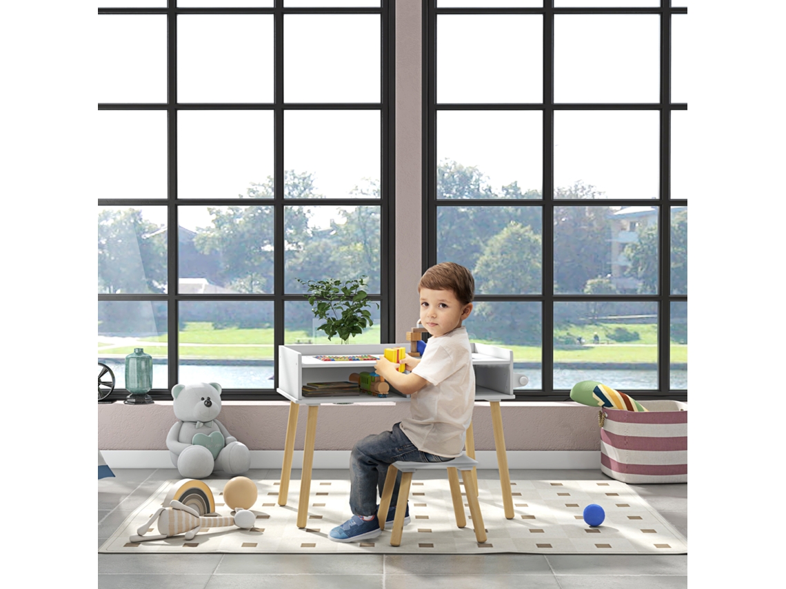 Conjunto Infantil de Mesa e Cadeira com Bancada para Blocos de Montar e Rolo de Papel