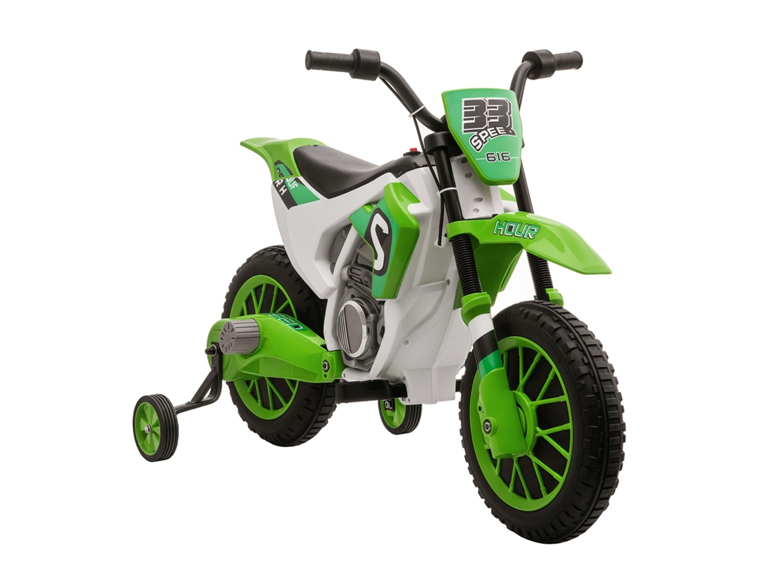 Motocicleta Elétrica 3+ Anos, 45min, Rodas Apoio, 106,5x51,5x68cm, Verde/branco