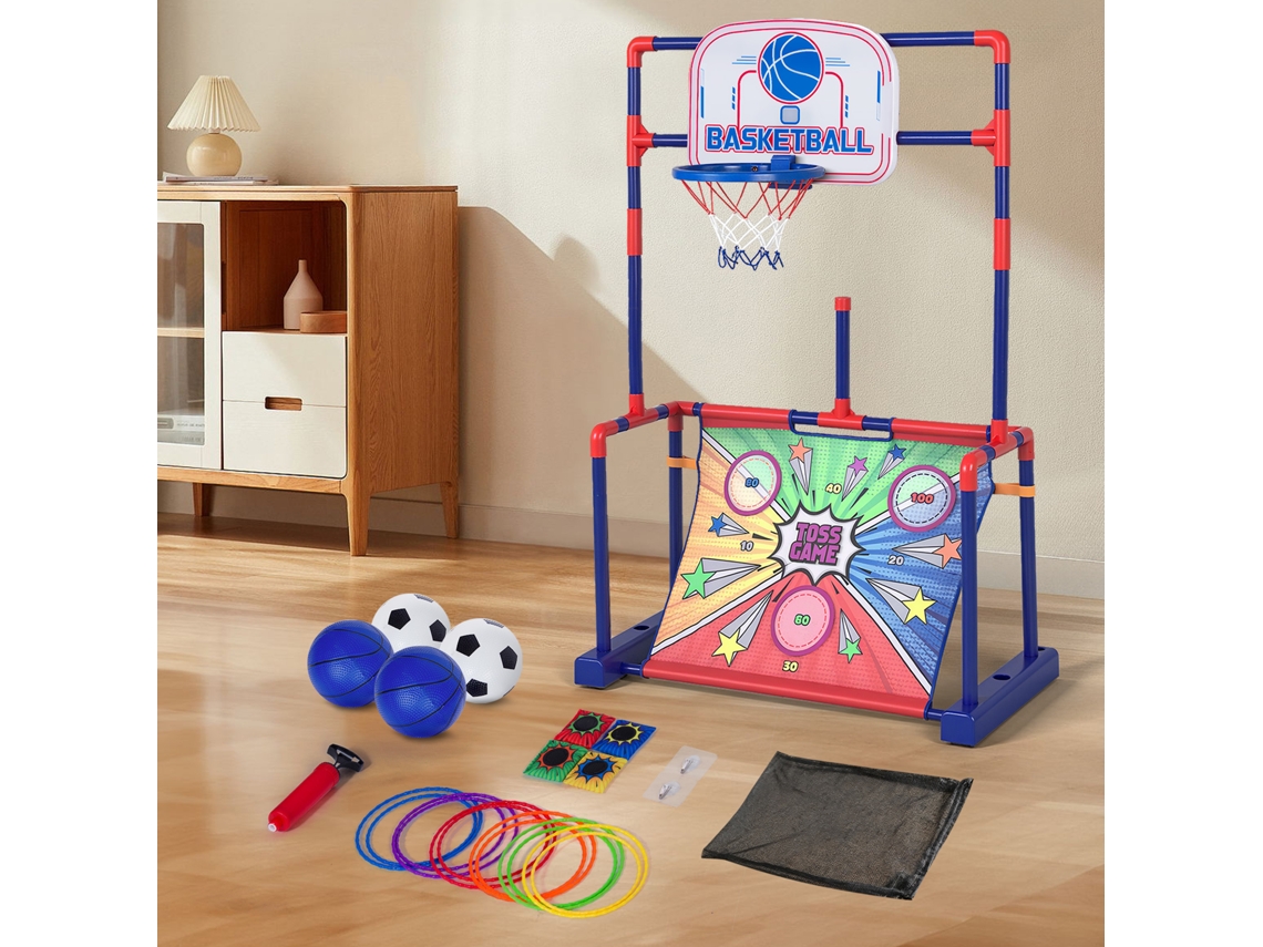 Todeco Conjunto De Jogos Infantis 4 Em 1 - Cesta De Basquete, Gol De Futebol, Arremesso De Argolas E Sacos De Areia Com Placar De Led