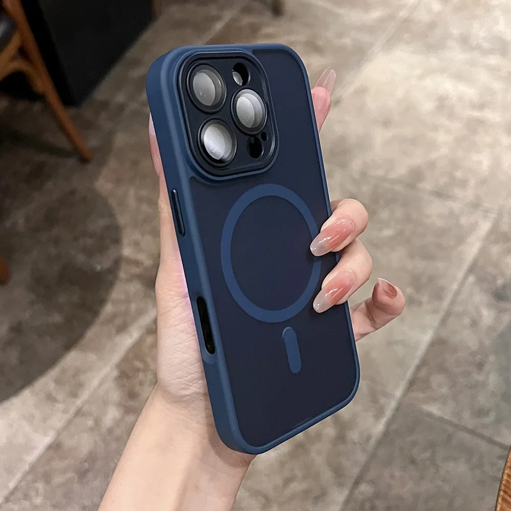 (azul Iphone 14) Capa Magnética Transparente Fosca Para Celular Com Cordão