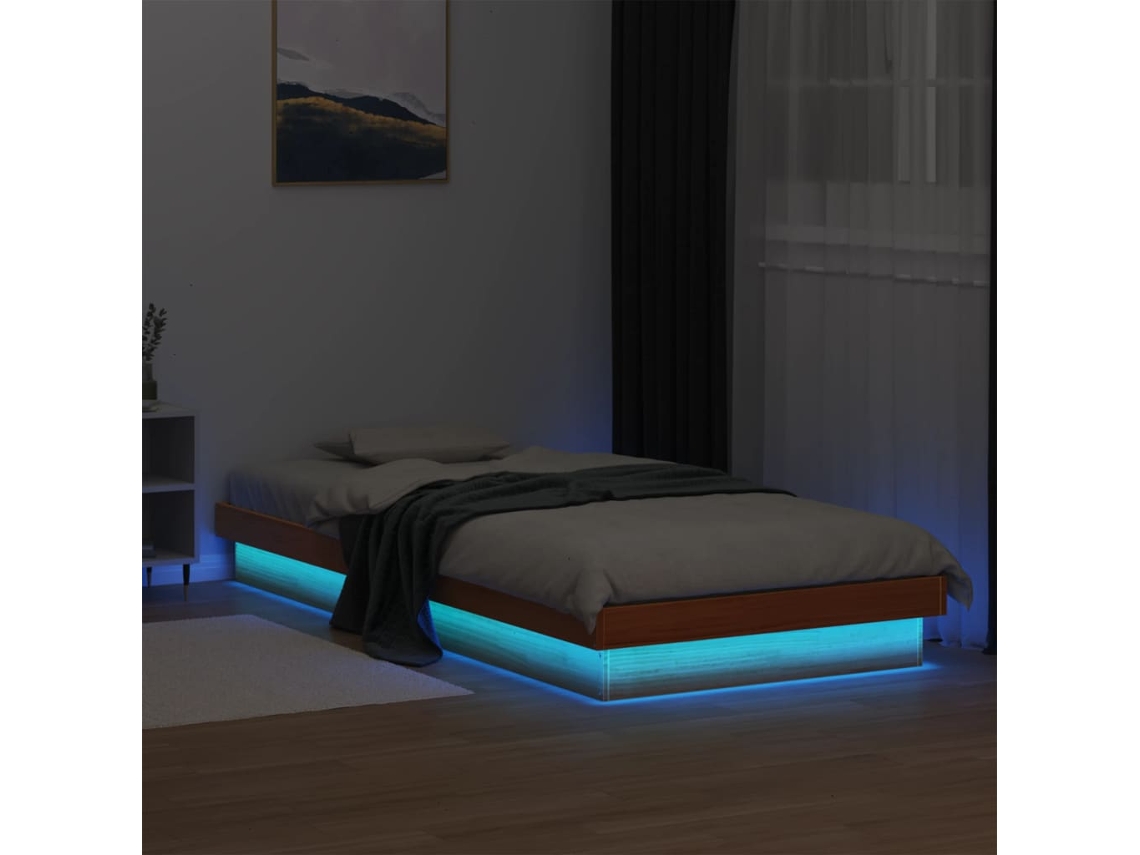 Vidaxl Estrutura De Cama C/ Leds 100x200 Cm Pinho Maciço Castanho Mel