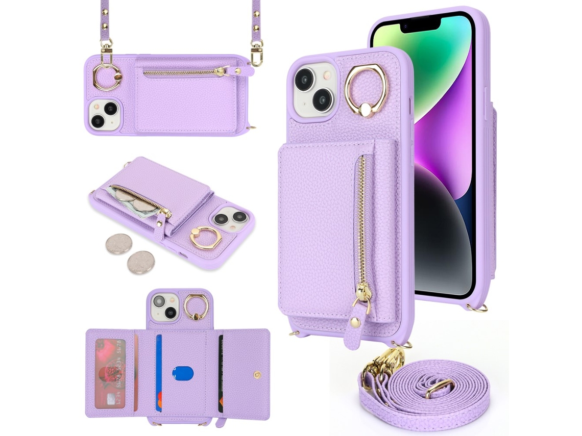Suporte Casa Textura Lichia Para Iphone 14/13 Pele Sintética Roxo
