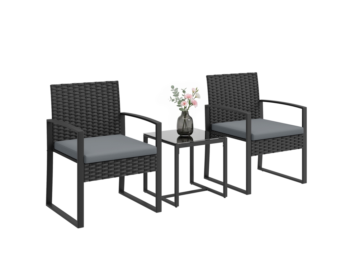 Conjunto De Móveis De Vime Pe De 3 Peças Para Exterior Com Cadeiras De Mesa De Vidro Temperado E Almofadas Cinza Claro