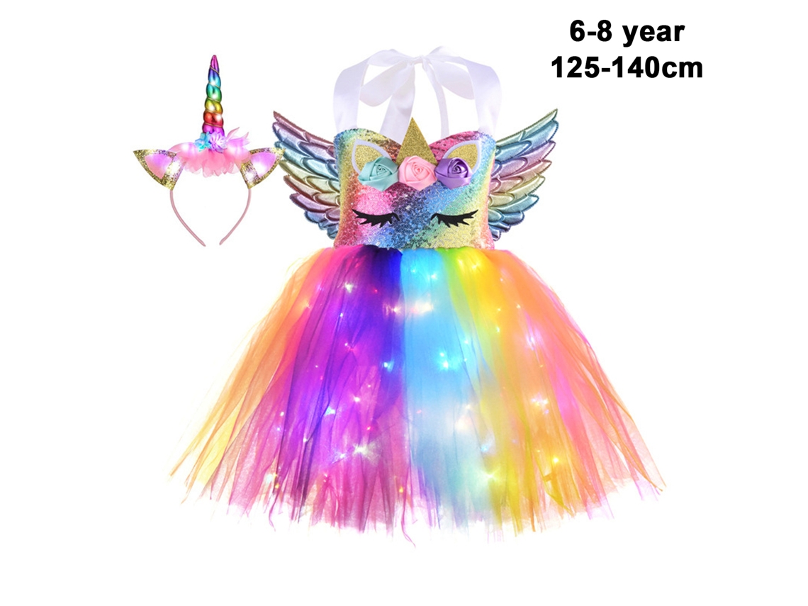 Mali vestido Arco íris com Luz Led e Strass para Menina Festas Aniversário Cosplay 8t 125 140cm