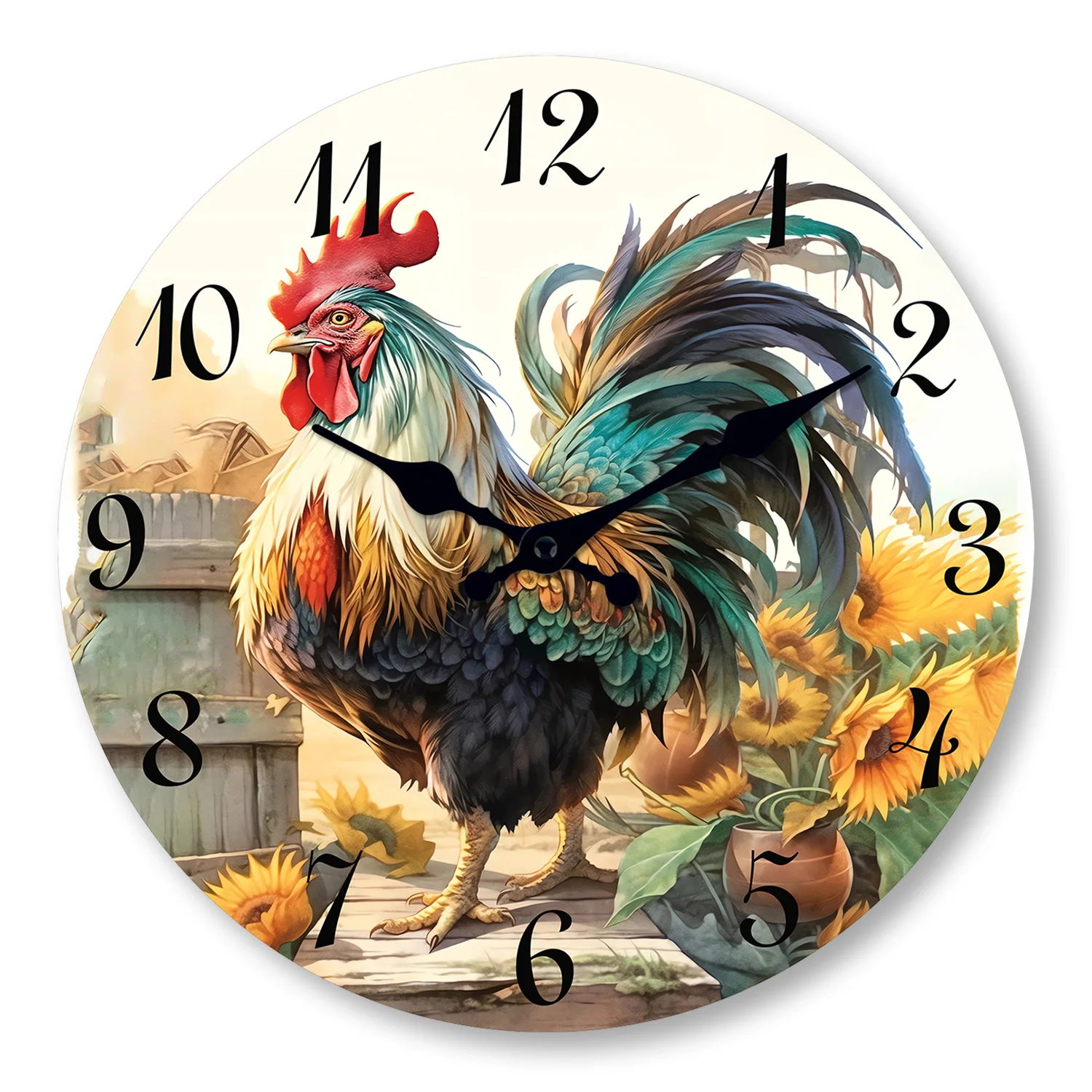 (30 Cm) Um Relógio De Parede De Madeira, Relógio De Parede Redondo Em Estilo Rústico Com Estampa De Galo E Girassol.