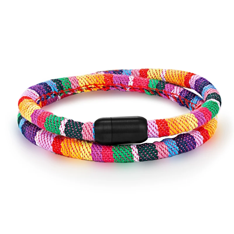 Pulseira de Casal Simples e Colorida Trançada em Corda, Pingente Artesanal em Estilo Étnico MDUG (arco íris 23cm)