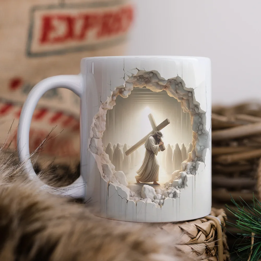 Caneca de Café de Cerâmica com uma Cruz nas Costas, Caneca de Leite 3d, Caneca Criativa para o Café da Manhã. MDUG (branca, 330 Ml)