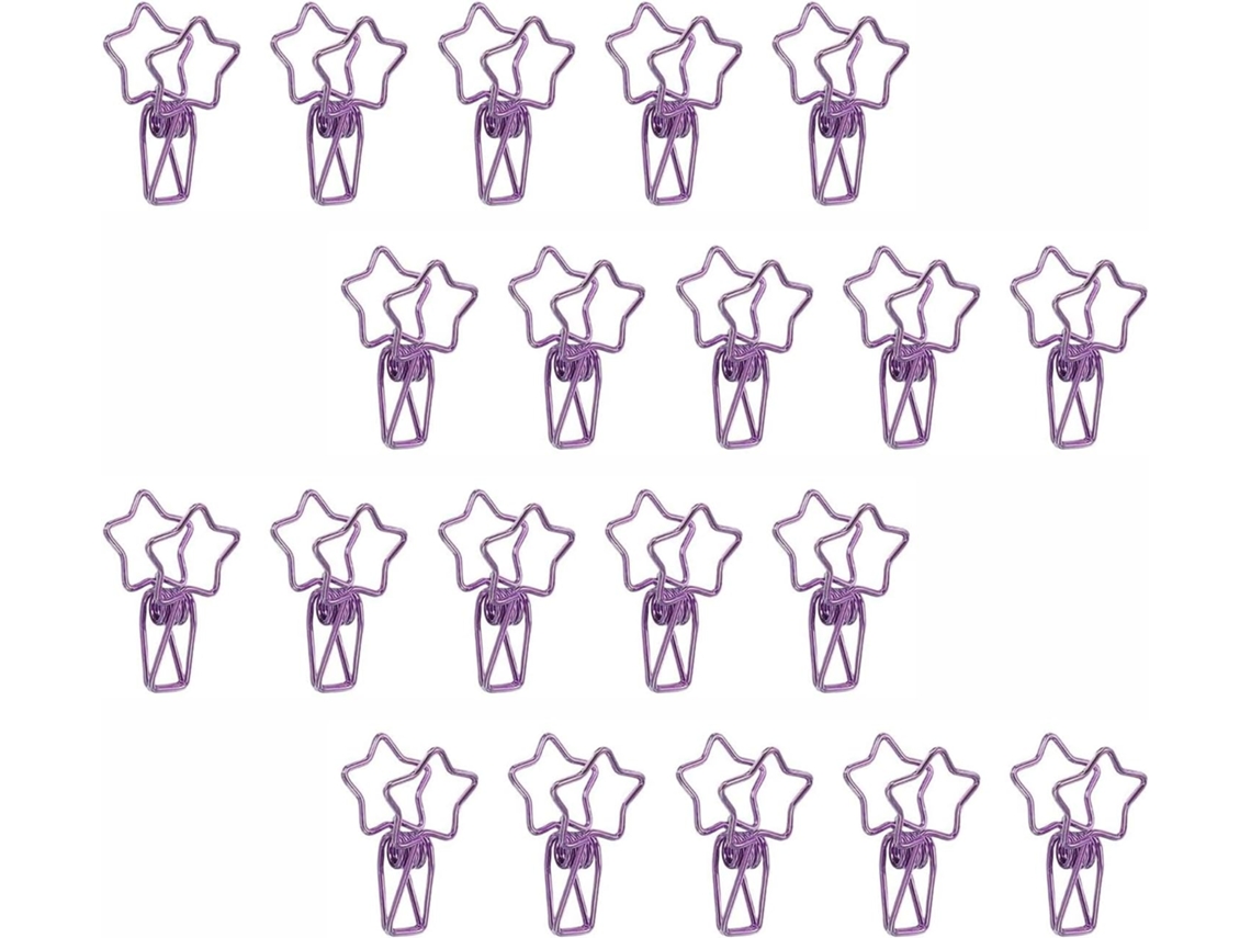 20-Ocos Clipes Metálicos em Mesa Formato Estrela e Casa Roxo