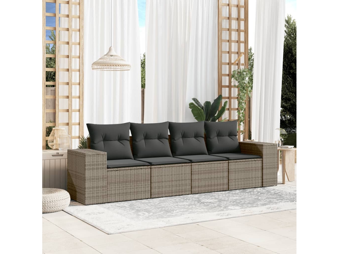 Vidaxl 4 Pcs Conjunto Sofás De Jardim C/ Almofadões Vime Pe Cinzento