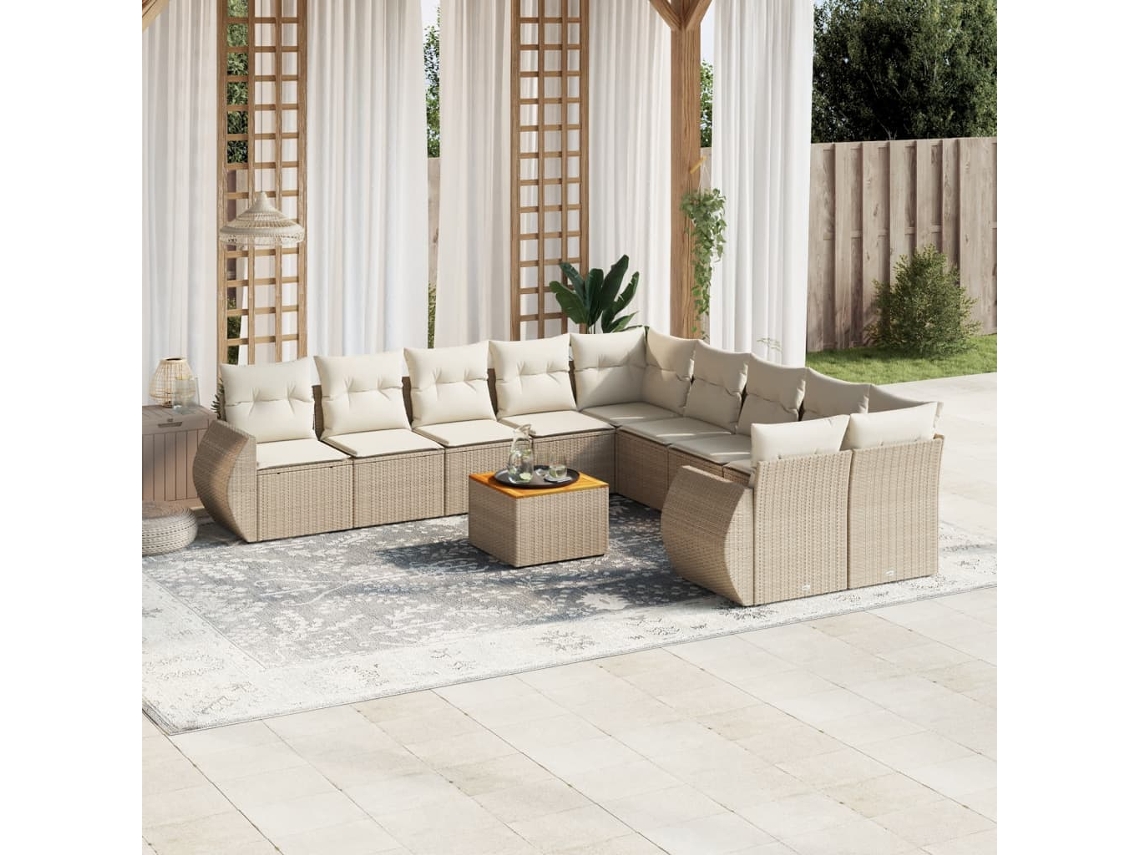 11 Pcs Conjunto Sofás De Jardim C/ Almofadões Vime Pe Bege Dkd Home Decor