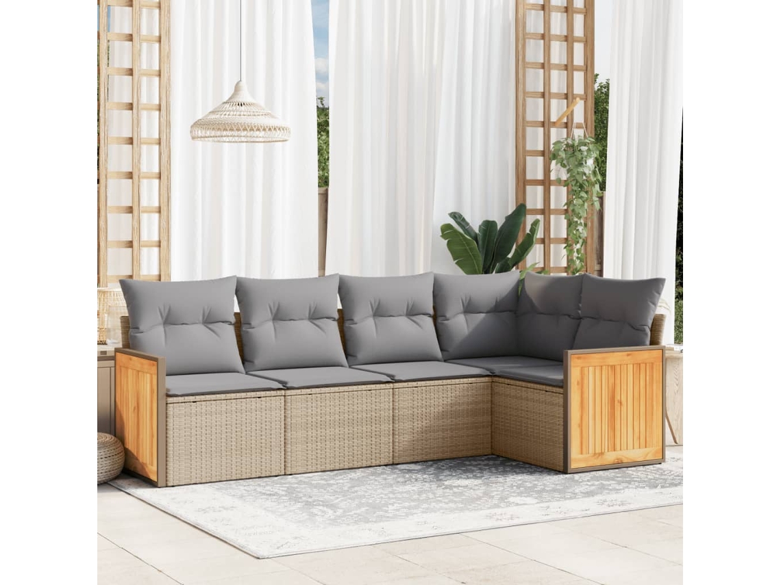 Vidaxl 5 Pcs Conjunto De Sofás P/ Jardim Com Almofadões Vime Pe Bege