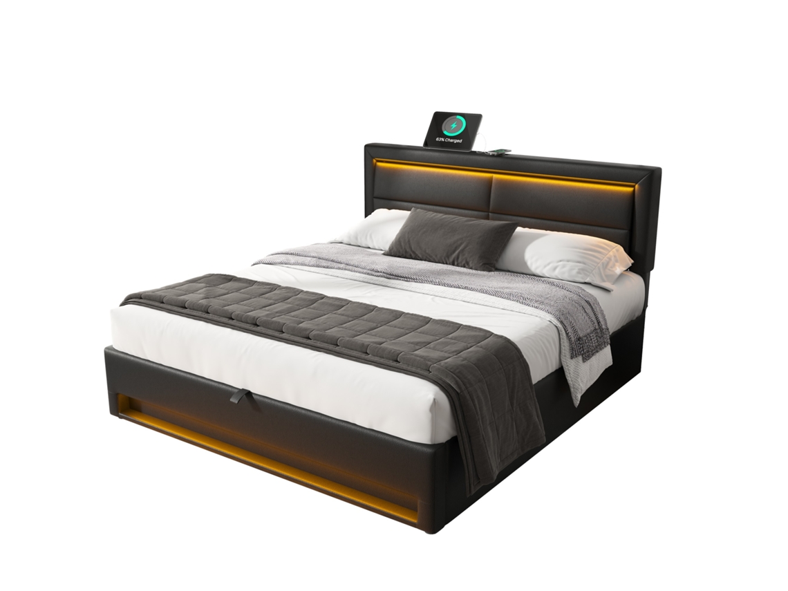 Cama Estofada 140x200 Cm com Usb,iluminação Led,armazenamento e Estampa de Lichia em Pu,sem Colchão Ideal para Seu Quarto PAPRIKA