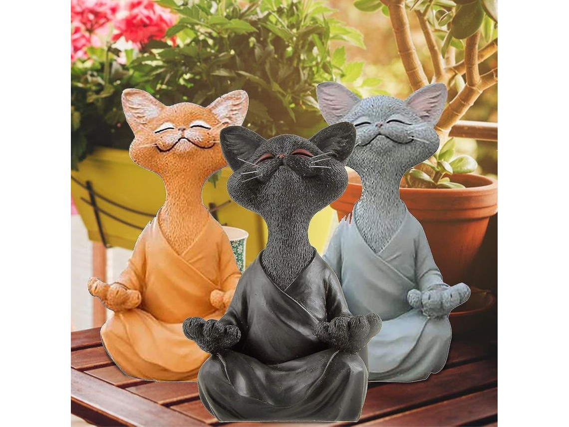 Figura De Gato Feliz Em Pose De Meditação Yoga - Resina Pintada À Mão - Presente Ideal Para Amantes De Gatos, Meditação E Yoga Cinza