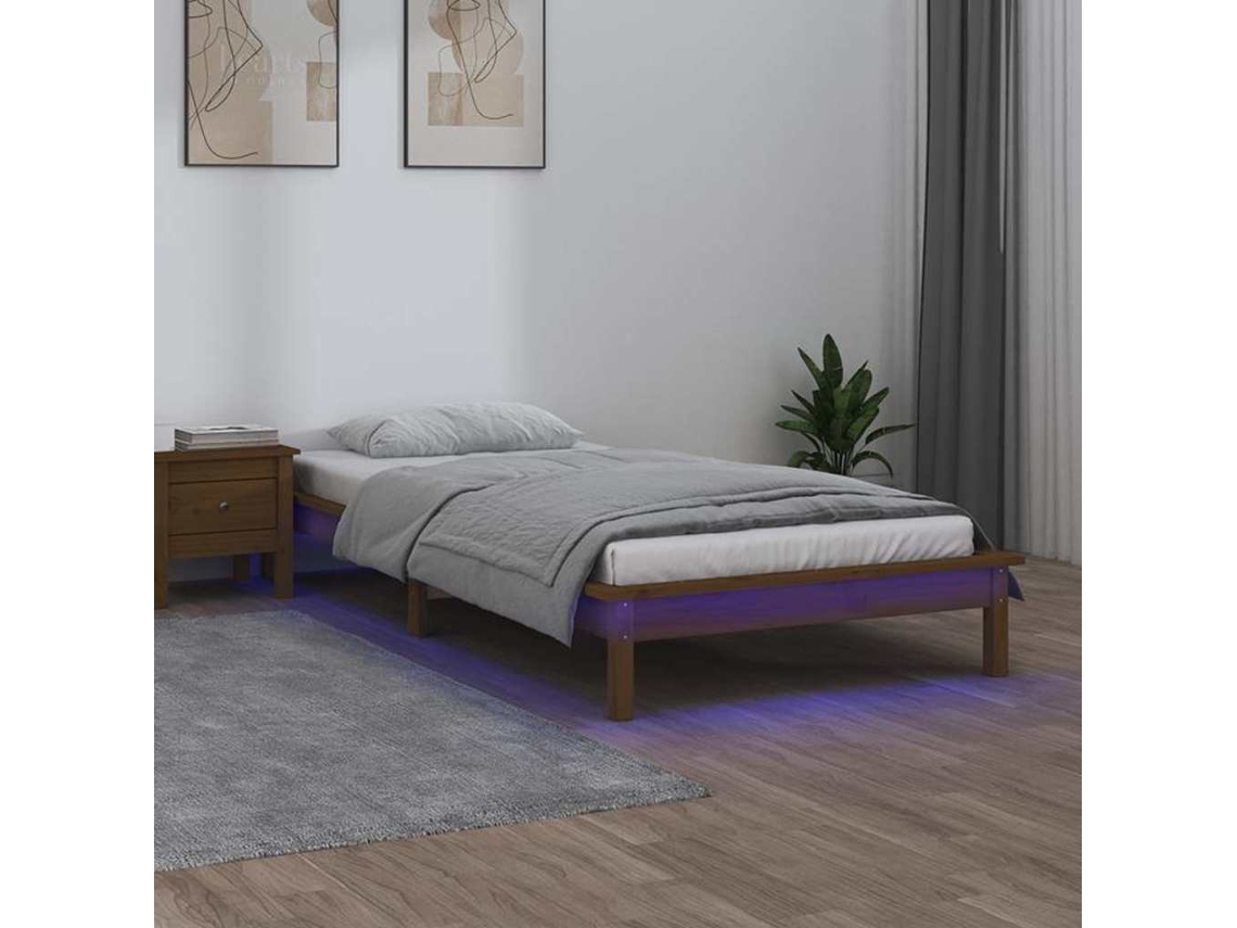 Vidaxl Estrutura Cama C/ Led Solteiro 90x190cm Madeira Maciça Castanho