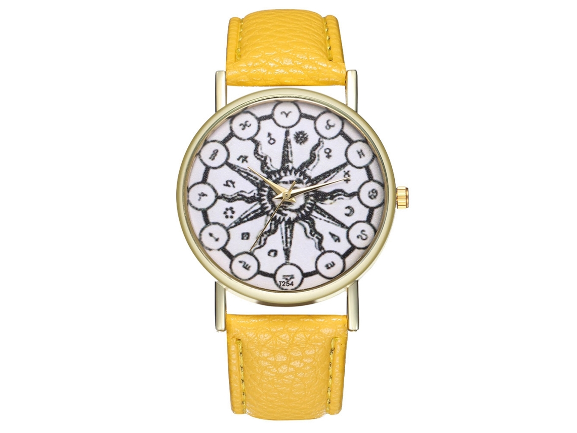 Relógio de Quartzo com Pulseira de Couro Padrão de Pintura Abstrata Único para Amante Amarelo