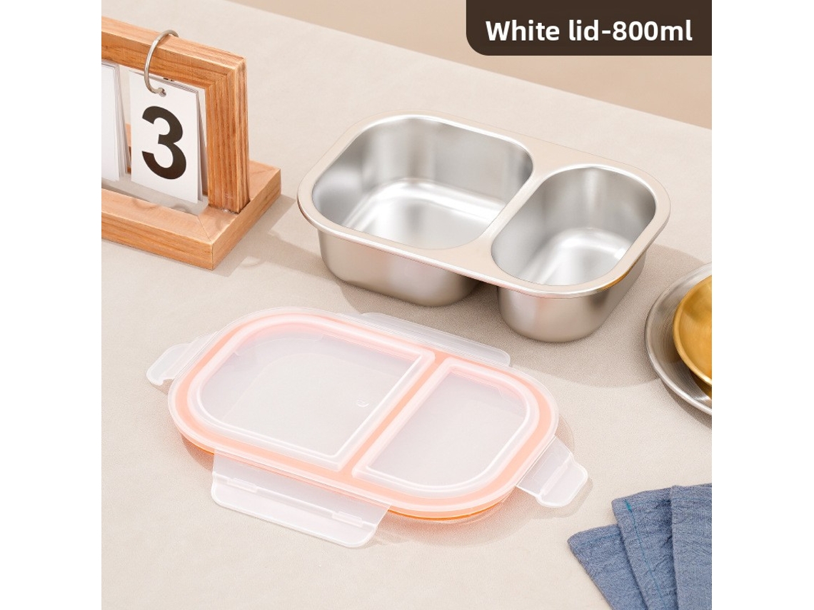 Fiambrera 800 Ml De Acero Inoxidable 304 Con 2 Compartimentos Y Tapa Blanca