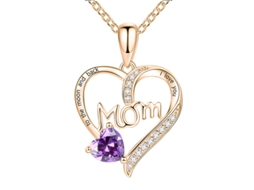 Colar com Pingente de Coração “mom” Gravado em Ouro Rosa, Pedra Roxa e Zircônias, Presente para o Dia da Mãe, Ergonômico, Uso Diário STELASPLEN