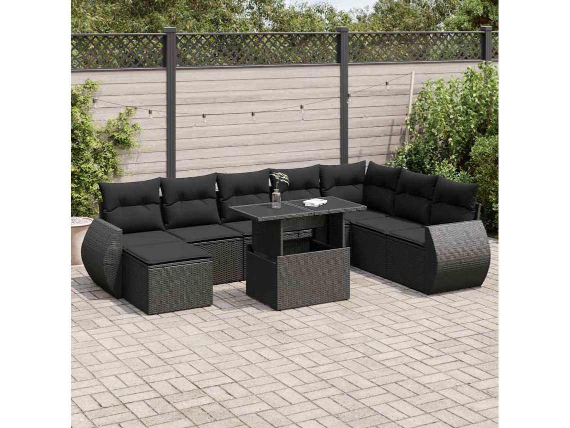 Vidaxl 9 Pcs Conjunto De Sofás P/ Jardim C/ Almofadões Vime Pe Preto