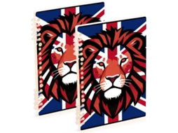 Conjunto de 2 Cadernos Espiral A5 com Estampa Cabeça Leão e Union Jack, 21,1 X 14,5 Cm Resistente Durável