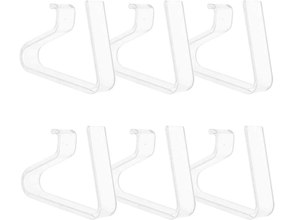 Conjunto de 6 prendedores de toalha de mesa em policarbonato transparente, resistentes e antiderrapantes, ideais para cafés e lanchonetes.