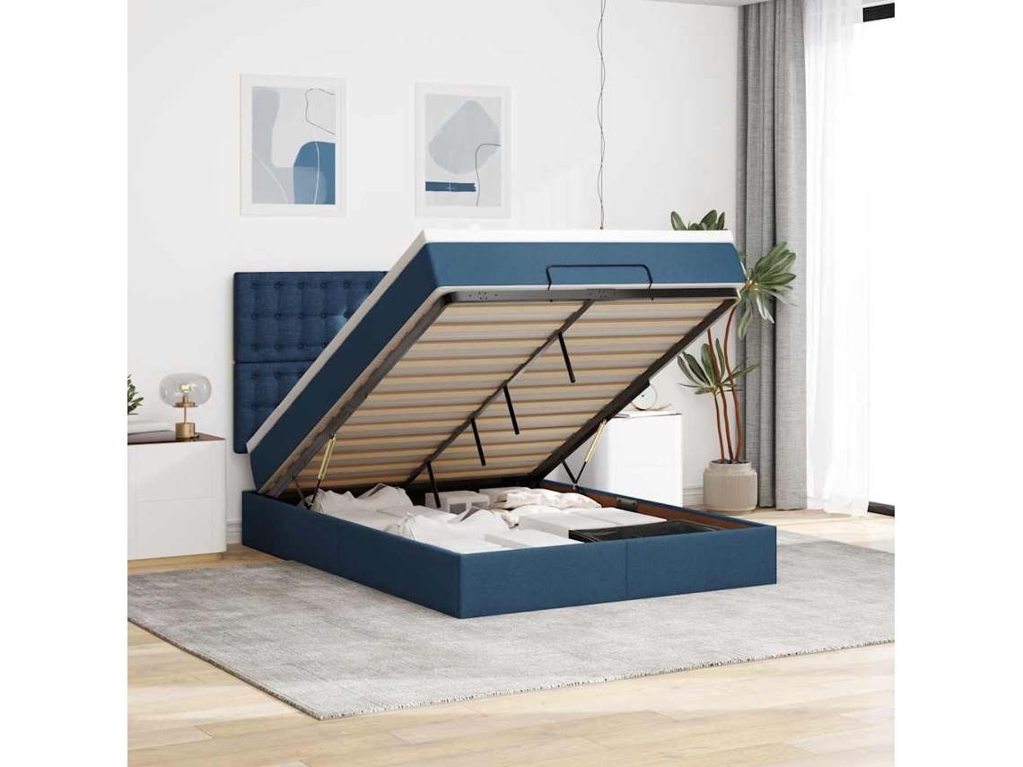 Estrutura De Cama Otomana Com Colchão 140x190cm Tecido Azul