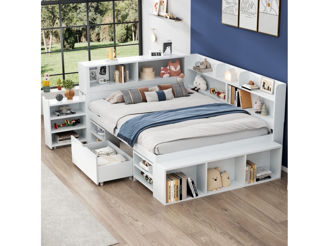 Cama Infantil 135x190cm Multifunción Con Cajones Y Estantes Almacenaje Blanco