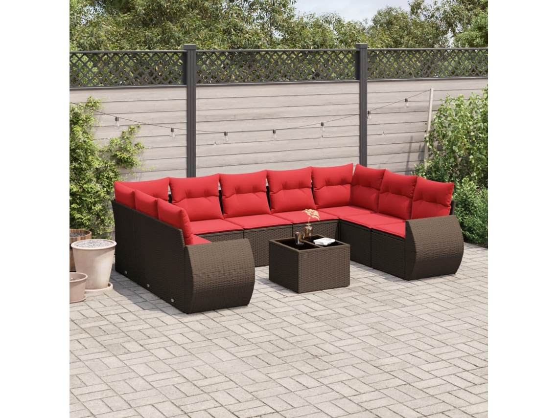 Vidaxl Conjunto De Sofá De Jardim Com 10 Peças E Almofadas Em Rattan Sintético Marrom