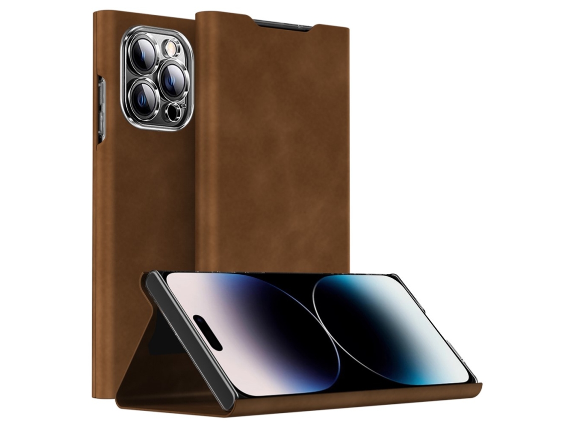 Capa Cantos Reforçados Para Iphone 15 Pro Max Pele Sintética Castanho