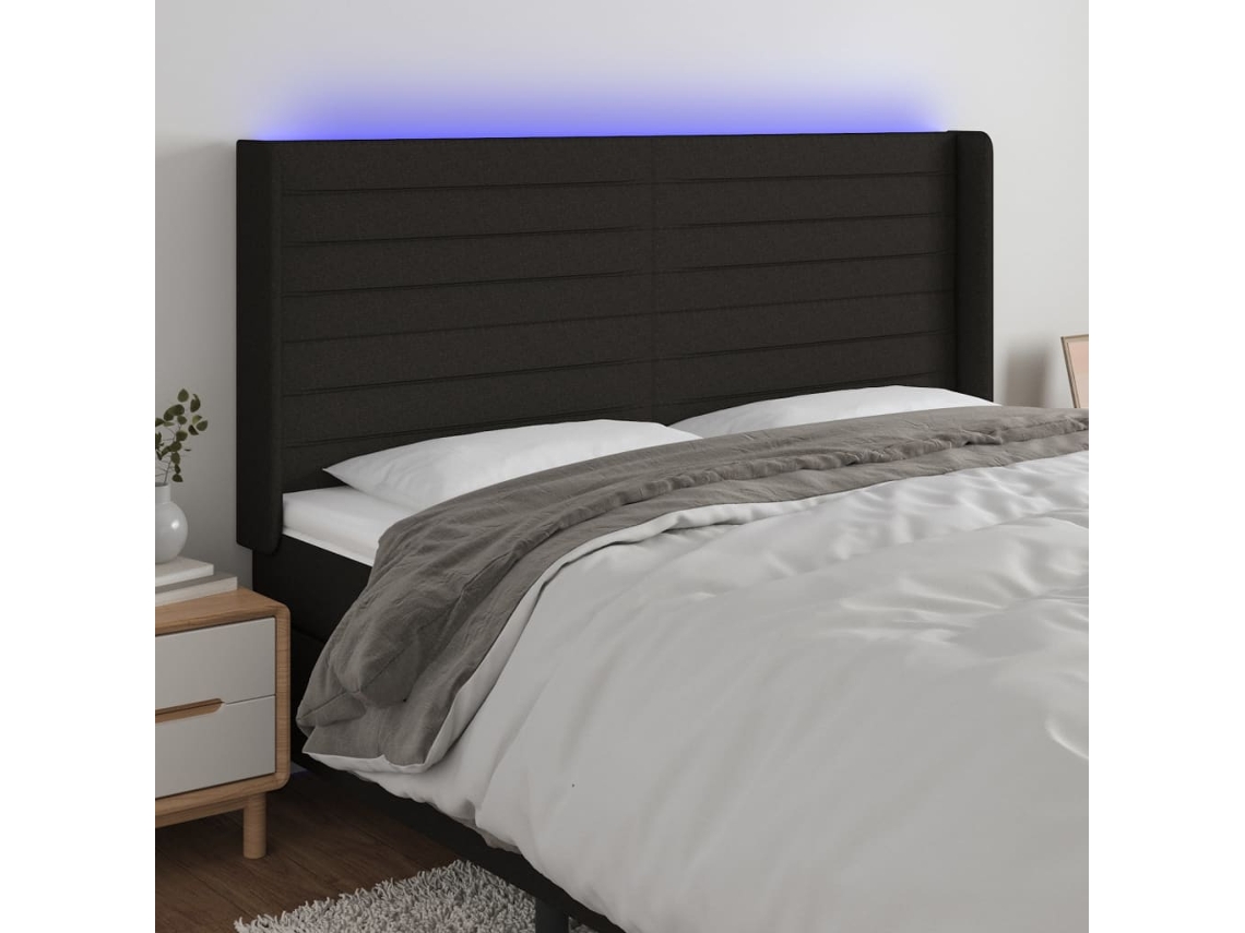 Cabecero con luces LED, tela, 203x16x118/128 cm, negro